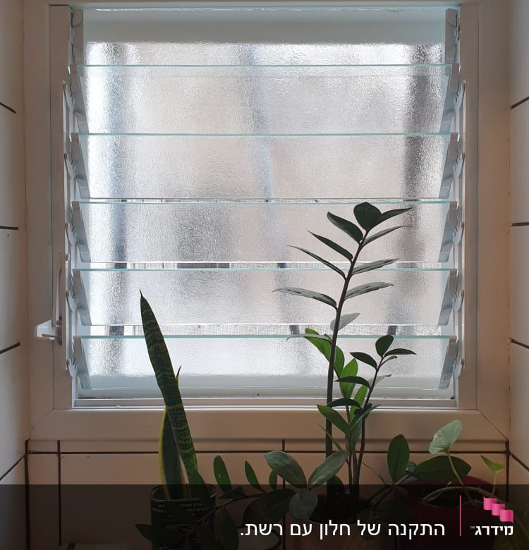 תריסי אלומיניום בחלון עם זכוכית חלבית